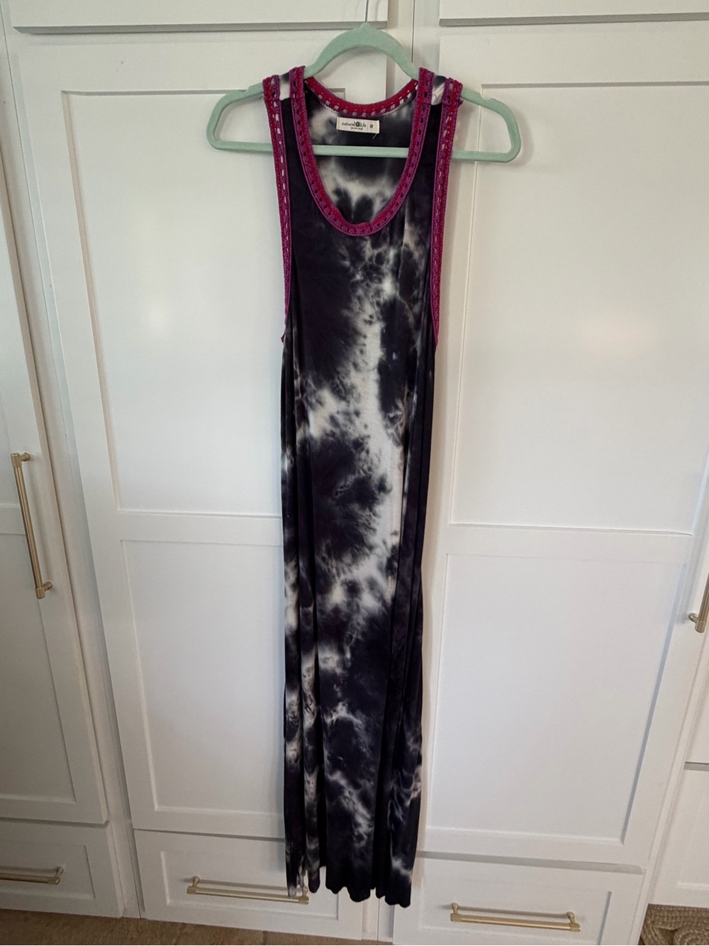 Tie-Dye Maxi Tank Dress with Pink and purple crochet Trim!